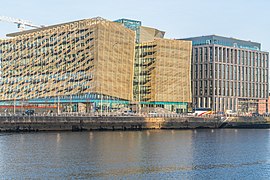 The Central Bank of Ireland head office (L) and the NTMA head office at 2 Dublin Landings on North Wall Quay, in the IFSC, Dublin