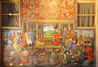 Фреска встречи шаха Тахмаспа и императора Великих Моголов Хумаюна во дворце Чехель Сутун, найденная в Исфахане, Иран