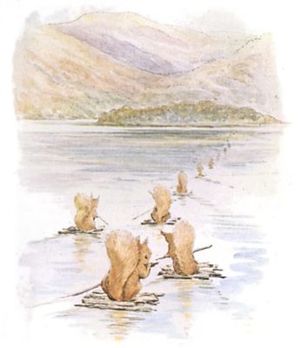 "Seven squirrels crossing the lake on rafts."