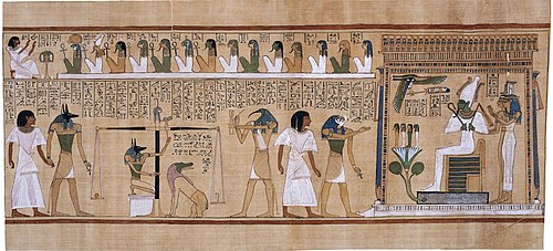 A tableau from the Book of the Dead (green-skinned Osiris is seated to the right). In ancient Egyptian religious cosmology, Thinis features as a mythical place in heaven.