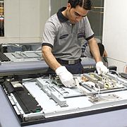 Television assembly factory in Lahore. Pakistan's industrial sector accounts for about 20.3% of the GDP, and is dominated by small and medium-sized enterprises. Tv Assembly Line 1.jpg