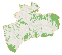 Mapa konturowa gminy Wielopole Skrzyńskie, w centrum znajduje się punkt z opisem „Wielopole Skrzyńskie”