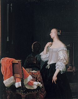 Nainen peilin edessä, 1662, 30 × 23 cm, Staaliche Museen zu Berlin, Berliini.