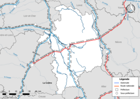 Carte du réseau routier national (autoroutes et routes nationales) dans le département du Cher