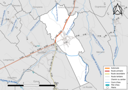 Carte en couleur présentant le réseau hydrographique de la commune