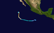 A track map of a hurricane over the Eastern Pacific Ocean; the system initially moves westward before turning northward midway through its life