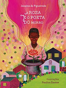 capa de livro com ilutsração colorida com uma rosa e um rapaz representando o poeta e sambista Cartola