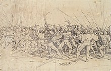 An early 16th century depiction of pikemen in close combat with halbediers; the fighting at Flodden must have had a similar appearance. Battle Scene, by Hans Holbein the Younger.jpg