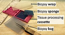 Items used for submitting specimens: (Biopsy) wrap, (biopsy) sponge, (tissue processing) cassette and (biopsy) bag. Biopsy wrap, biopsy sponge and biopsy bag.jpg