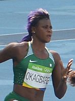 Bronzemedaillengewinnerin Blessing Okagbare – auch als Weitspringerin sehr erfolgreich, hier in Moskau errang sie in dieser Disziplin fünf Tage zuvor wie schon bei Olympia 2012 Silber