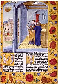 Denna tidiga upplaga av boken har många handmålade illustrationer som avbildar Fru Filosofi och scener ur det vardagliga livet i 1400-talets Gent (1485)
