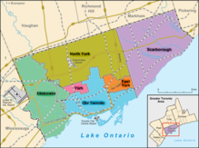 Municipalities of Metropolitan Toronto prior to its dissolution. In 1998, the six municipalities were dissolved and amalgamated, forming the new city of Toronto. Cityoftorontosmall.png