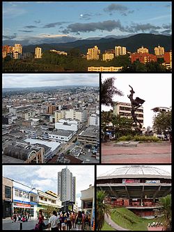 Top:View of Mountain near by Calarca Historic area, from Quindio University area, Middle left:View of downtown Calle 15 and 17 area, from Quindio Regional Department Office, Middle right:Estuerzo Monument in Armenia Bolivar Square (Plaza de Bolivar), Bottom left:Centro Commercial Cield Abiertos (Armenia Central Shopping mall), Bottom right:Armenia Coliseum Cafe (Coliceo del Cafe)