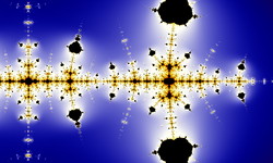 The Collatz conjecture: one way to illustrate its complexity is to extend the iteration from the natural numbers to the complex numbers. The result is a fractal, which (in accordance with universality) resembles the Mandelbrot set. CollatzFractal.png