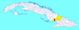 Colombia municipality (red) within Las Tunas Province (yellow) and Cuba
