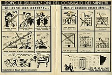 Antisemitic cartoon published in the Fascist periodical La Difesa della Razza, after the promulgation of the Racial Laws (15 November 1938). Difesa della Razza.jpg