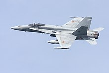 EF-18A taking off and banking to the left in 2015. EF-18A Spain (16527586494).jpg
