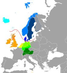 Landkort sem sýnir germönsk tungumál. Rauða línar skilur á milli Norður og Vestur-Germanskra mála.