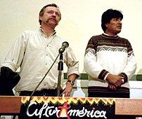 Evo Morales et José Bové in Pau on 2002 during...