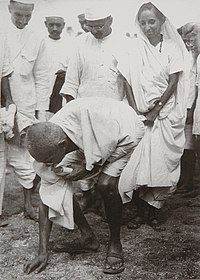 Gandhi famously advocated for the Indian independence movement to strictly adhere to the principles of nonviolence. Gandhi at Dandi 5 April 1930.jpg