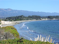 Goleta Beach County Park, with the Pacific Ocean in the foreground and the Santa Ynez Mountains in the distance