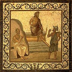 Mosaic on the floor of the Asclepieion of Kos, depicting Hippocrates, with Asklepius in the middle (2nd-3rd century) HSAsclepiusKos retouched.jpg