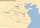 Mapa de les diferents tribus en l'Antiga Xina, i la unió d'aquestes. També s'assenyala lloc de la Batalla Zhuolu.