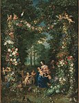 Jan Brueghel d. Ä. & Pieter van Avont: Heilige Familie in einer Landschaft mit Blumen- und Früchtegirlande, ca. 1620–23, Öl auf Eichenholz, 93,5 × 72 cm, Alte Pinakothek, München