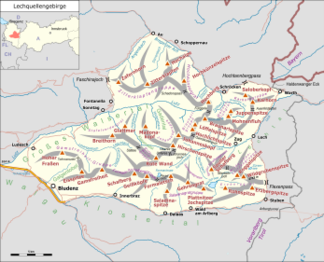 Lage des Lechquellengebirges (gelb hervorgehoben) innerhalb der Ostalpen