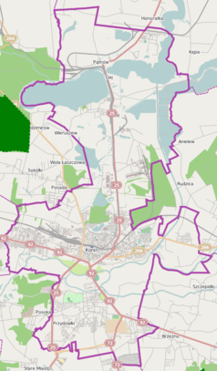 Mapa konturowa Konina, u góry znajduje się punkt z opisem „Gosławice”