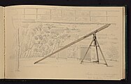 Dessin d'une machine servant pour lever et transplanter les orangers réalisé par Prosper Morey durant ses études aux Beaux-Arts de Paris. Folio 38 de l'album de dessin de Prosper Morey. Nancy, Bibliothèques de Nancy, Ms. 1864.