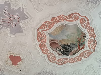 Deckenmalerei von 1726. Darstellung der hl. Klara im Kreis ihrer Mitschwestern, San Damiano vor den Ungläubigen rettend