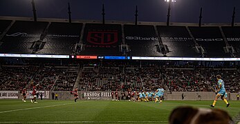 Snapdragon Stadium from field level during a rugby match