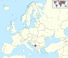 Carte administrative de l'Europe, montrant le Monténégro en rouge.