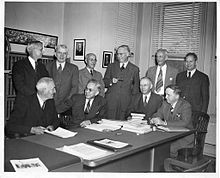 AAAS officers and senior officials in 1947. Left to right, standing: Sinnott, Baitsell, Payne, Lark-Horovitz, Miles, Stakman, sitting: Carlson, Mather, Moulton, Shapley. Officials of the AAS in 1947.jpg