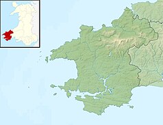 Mapa konturowa Pembrokeshire, na dole po prawej znajduje się punkt z opisem „Caldey Island”