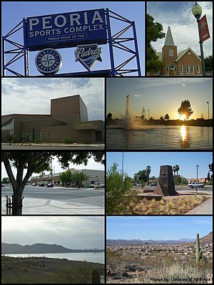 از بالا، چپ به راست: Peoria Sports Complex sign, Peoria Presbyterian Church, Peoria Center for the Performing Arts, Rio Vista Community Park, Old Town Peoria, Pioneer Memorial Statue, Lake Pleasant Regional Park, WestWing neighborhood