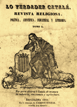 Front cover from Lo verdader catalá (The True Catalan). A man wearing barretina sitting by the Catalan shield