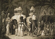 Lithographie représentant le Maharaja de Tranvancore sur des éléphants à Trivandrum au Kerala, par LH de Rudder (1807-1881), d'après un dessin original par le prince Aleksandr Mikhailovich Saltuikov.