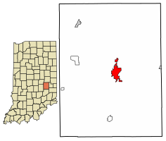 Location of Rushville in Rush County, Indiana.