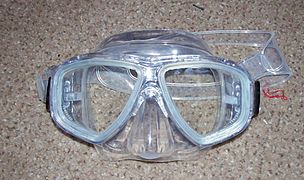 A diving half mask provides clear sight and protection for the eyes.
