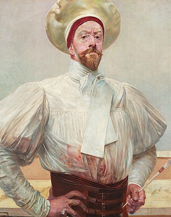 Jacek Malczewski's Self-Portrait in White Dress, depicting him wearing a white traditional 19th century artist's smock-frock, a white neckerchief, and a wide white beret