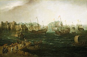 Hendrick Cornelisz Vroom's depiction in 1614 of competing British East India Company and Dutch East India Company ships, both with monopolies to trade. Other chartered corporations, still in existence include the Hudson's Bay Company (est 1670) and the Bank of England (est 1694). Ships Trading in the East.jpg