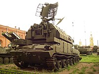 Surface-to-Air missile complex 9K330 «Tor». 9A330 Transporter-Erector-Launcher and Radar with 9M330 missiles in Military-historical Museum of Artillery, Engineer and Signal Corps in Saint-Petersburg, Russia.jpg