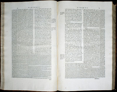 Volume 3, pages 32-33, of the 1578 Stephanus edition of Plato, showing a passage of Timaeus with the Latin translation and notes of Jean de Serres Timaeus stephanus pages 32 33.jpg