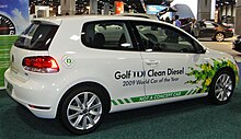 A Volkswagen Golf TDI in 2010, featuring the phrase "clean diesel". The company later faced scrutiny due to an emissions scandal. VW Golf TDI Clean Diesel WAS 2010 8983.JPG