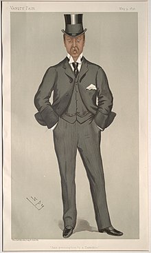 A colored drawing of a man in a 19th-century suit and top hat, his hands in his pockets, stands facing the viewer directly