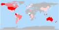 Same map, filled in with countries colored as to percentage of population using fluoridated water