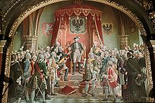 Painting of Frederick the Great standing on a dais surrounded by Silesian nobles