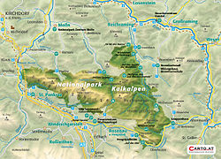 Zeleně vyznačené území národního parku Vápencové Alpy spolkové země